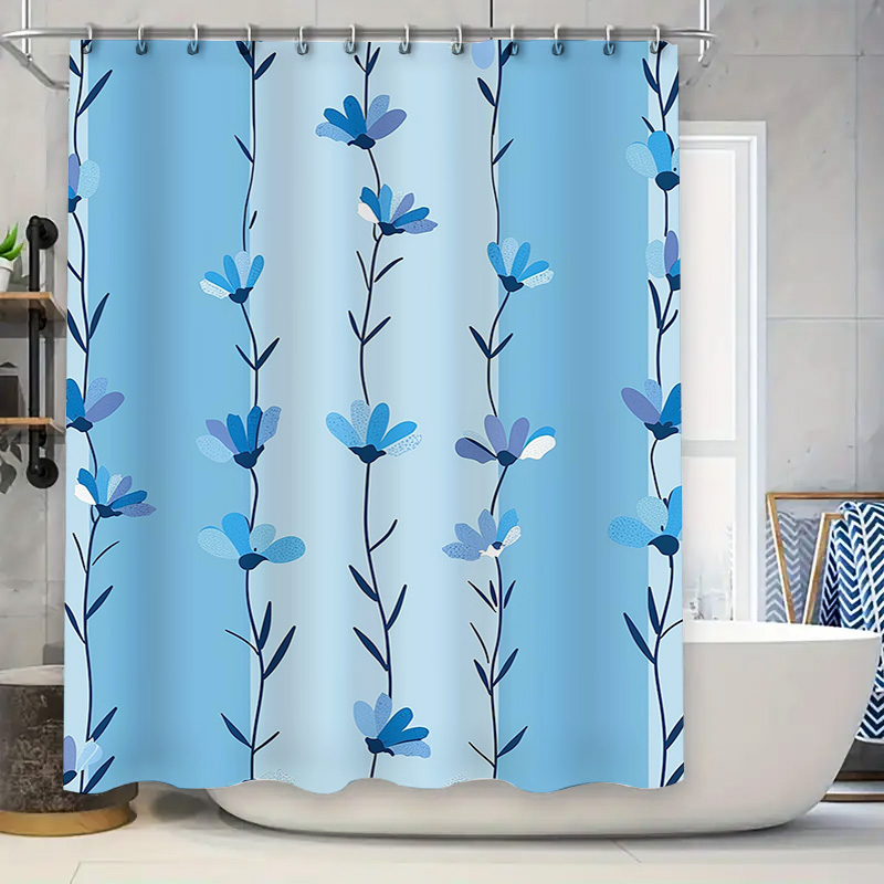 Home Textiles Com - Blue Floral Shower Curtain, Soft Fabric